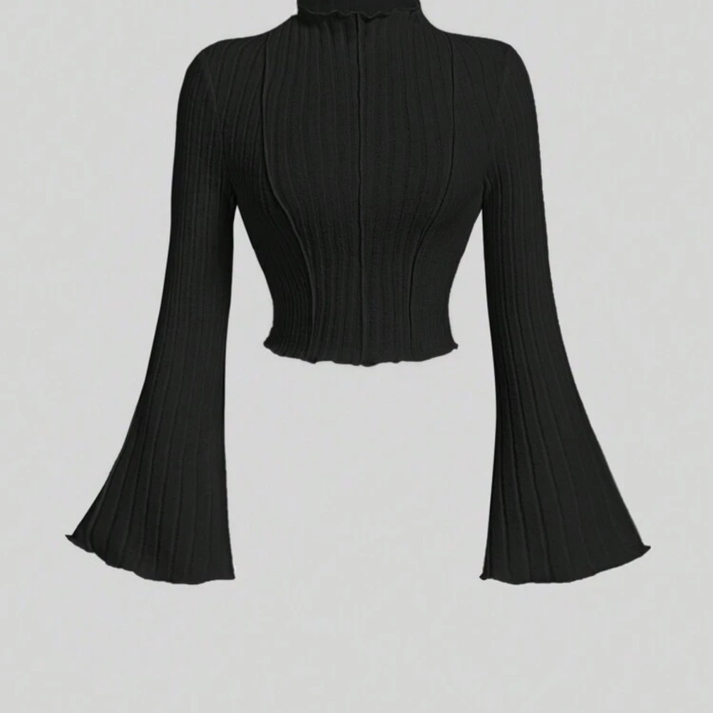 Black Ribbed Bell Sleeve Top